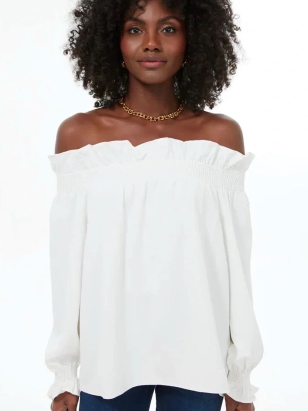 Tuckernuck | Womens White Marguerite  Off-Shoulder Tunic Top Smock Ruffle Neck M